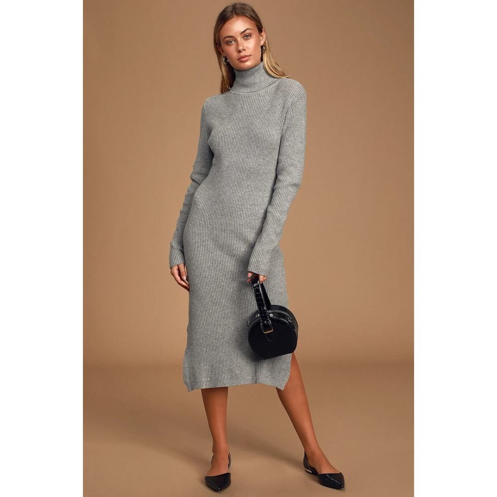 Lulus Womens Sheerah Heather Grey Turtleneck Midi Sweater Dress Size‎ Small
